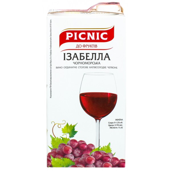 Вино Picnic Изабелла Черноморская красное полусладкое 1л